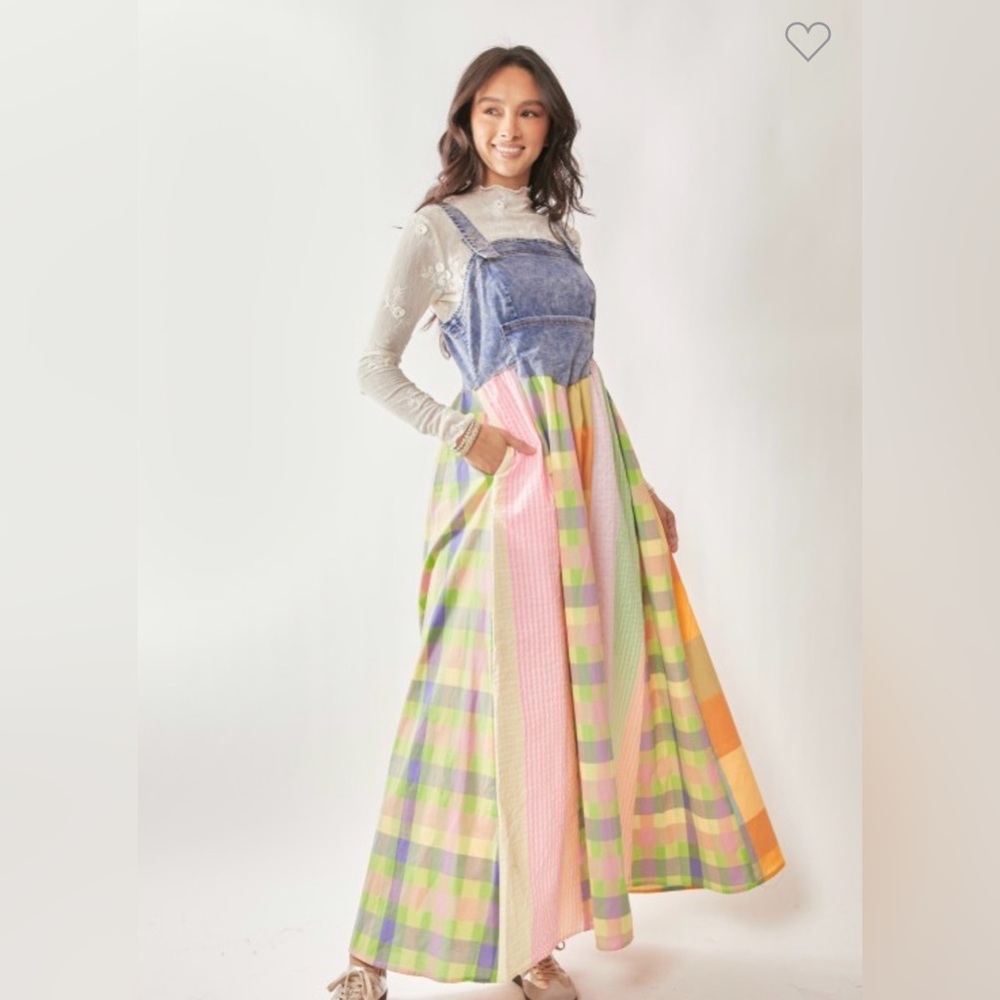 Colorful Plaid Denim Top Maxi Dress with pockets. Smocking Back Midi Dress